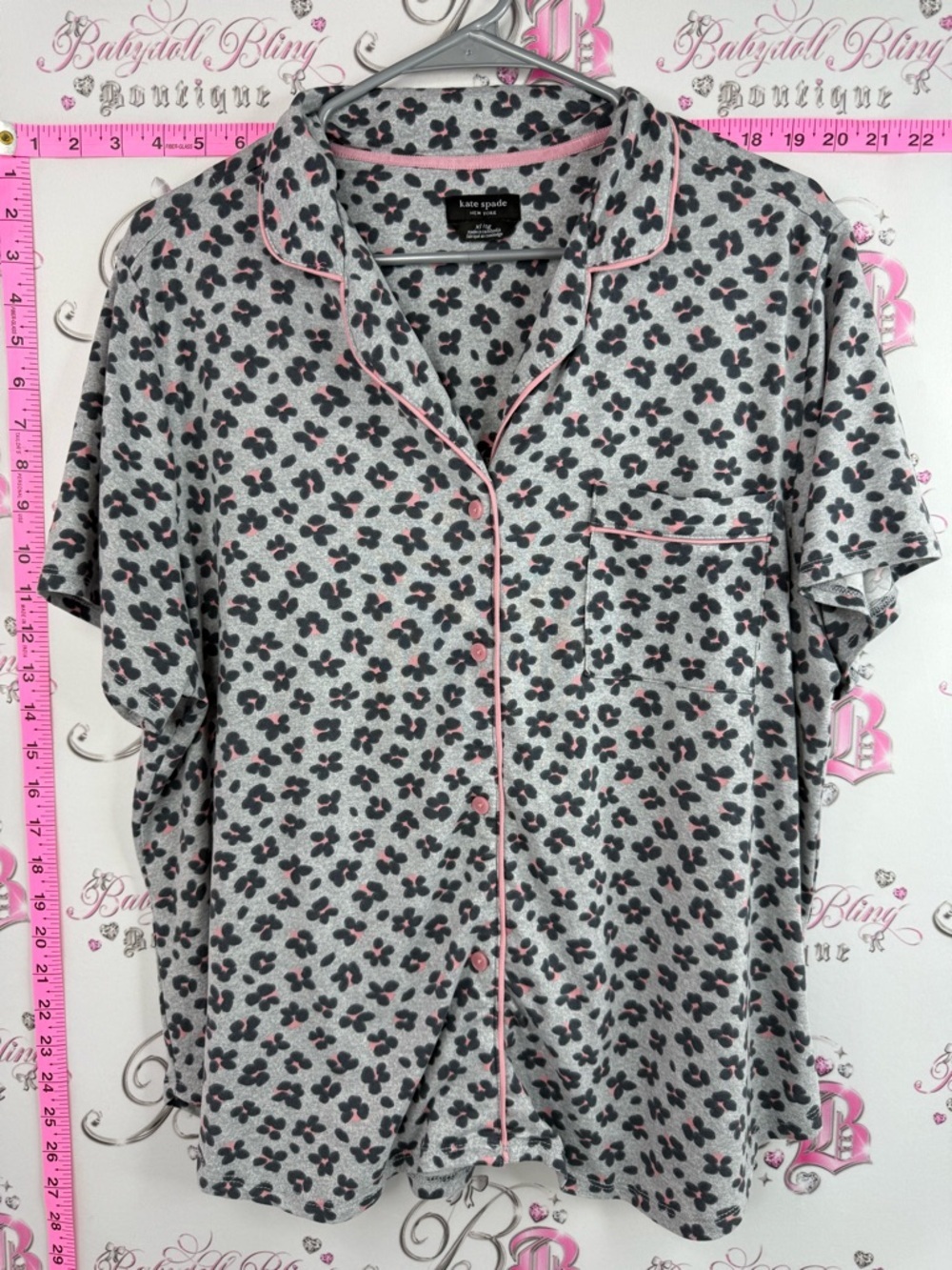 kate spade tee Gray Short Sleeve Button-Up Top with Black and Pink Floral Print